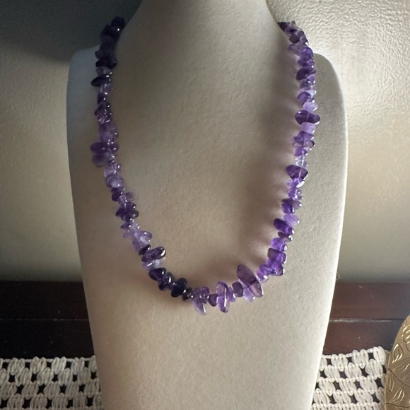 Amethyst Chips Beaded Necklace with Gold Tone Hardware - Picture 8 of 14